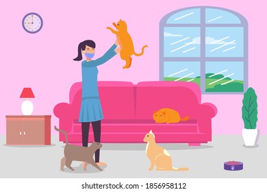 Pet vector concept: Woman playing with cat at home while wearing face mask during coronavirus pandemic