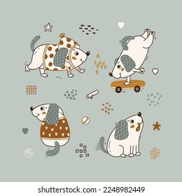 Pet Vector Set. Cute Dogs. Poster for Kids with Little Puppies. Baby Funny Animal. Great for Nursery, Baby Shower, T-shirt Print Design etc.