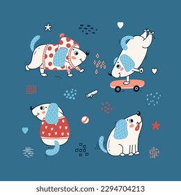 Conjunto de vectores de mascotas. Perros. Afiche para niños con cachorros pequeños. Un animal gracioso. Ideal para guardería, ducha para bebés, diseño de impresión para camisetas