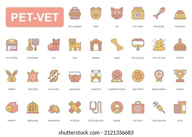 Pet vet concept simple line icons set. Pack outline pictograms of dog, cat, food, grooming, rabbit, tortoise, aquarium, hamster, parrot, award and other. Vector elements for mobile app and web design