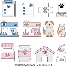 pet vet icons, cat and dog, feed, dog food, cat food, medicine