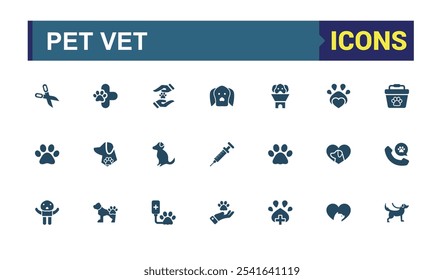 Pet Vet icons in filled style. Containing nature, color, turtle, reptile, store, flat lines, paw, pet. Flat UI icon design. Editable vector illustration.