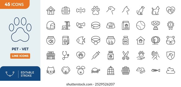 Pet - vet Line Editable Icons set. pet, dog, cat, aquarium, pet carrier, pet bowl, etc