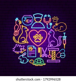Pet Vet Neon Concept. Vector Illustration of Animal Promotion.