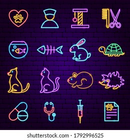Pet Vet Neon Icons. Vector Illustration of Animal Promotion.