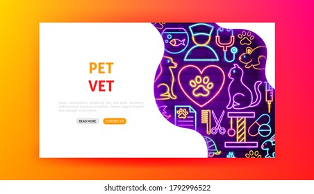 Pet Vet Neon Landing Page. Vector Illustration of Animal Promotion.
