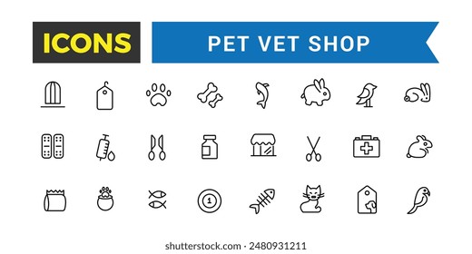 Pet, vet, pet shop icon set. Outline icons pack. Editable vector icon and illustration.