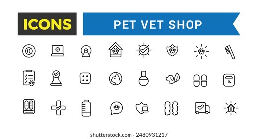 Pet, vet, pet shop icon set. Outline icons pack. Editable vector icon and illustration.