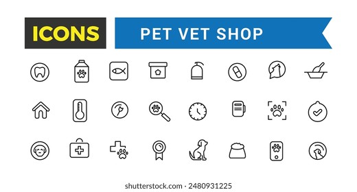 Pet, vet, pet shop icon set. Outline icons pack. Editable vector icon and illustration.