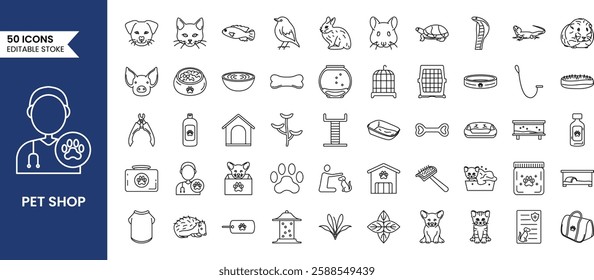 Pet, vet, pet Shop icon set in line style. Containing pet, care, veterinary, vet, healthcare and more. Vector illustration