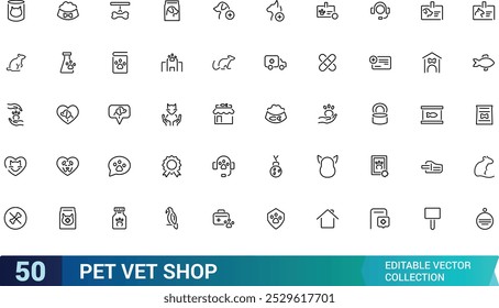 Conjunto de iconos de línea de tienda de mascotas. Paquete de iconos veterinarios. Tipos de mascotas mínima colección de iconos de Web delgado, iconos de contorno, trazo editable, píxel perfecto, Ilustración vectorial.