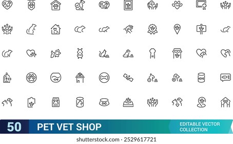 Conjunto de iconos de línea de tienda de mascotas. Paquete de iconos veterinarios. Tipos de mascotas mínima colección de iconos de Web delgado, iconos de contorno, trazo editable, píxel perfecto, Ilustración vectorial.