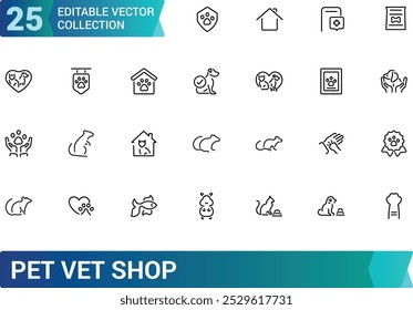 Conjunto de iconos de línea de tienda de mascotas. Paquete de iconos veterinarios. Tipos de mascotas mínima colección de iconos de Web delgado, iconos de contorno, trazo editable, píxel perfecto, Ilustración vectorial.