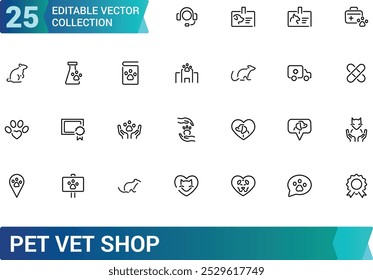 Conjunto de iconos de línea de tienda de mascotas. Paquete de iconos veterinarios. Tipos de mascotas mínima colección de iconos de Web delgado, iconos de contorno, trazo editable, píxel perfecto, Ilustración vectorial.