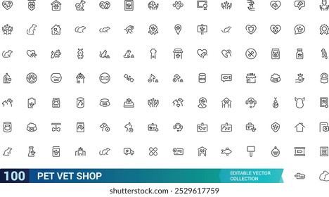 Conjunto de iconos de línea de tienda de mascotas. Paquete de iconos veterinarios. Tipos de mascotas mínima colección de iconos de Web delgado, iconos de contorno, trazo editable, píxel perfecto, Ilustración vectorial.