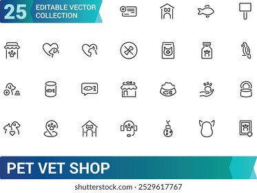 Conjunto de iconos de línea de tienda de mascotas. Paquete de iconos veterinarios. Tipos de mascotas mínima colección de iconos de Web delgado, iconos de contorno, trazo editable, píxel perfecto, Ilustración vectorial.