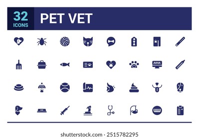 Pet vet and pet shop solid icon set. Filled icon collections. Vector illustration. Solid icon pack. Glyph icon for web and ui. Editable stroke.