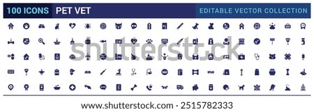 Pet vet and pet shop solid icon set. Filled icon collections. Vector illustration. Solid icon pack. Glyph icon for web and ui. Editable stroke.