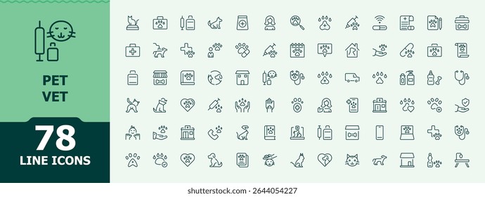 Pet Vet simple icon set. Minimalist icons collection. Animal Care icon collection. Contains related to pet shop, vet, animal, aid, pet, vaccine, pharmacy and more.