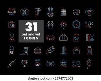 Pet and vet vector icon set on black background. Graph symbol for pet and veterinary web site and apps design, logo, app, UI