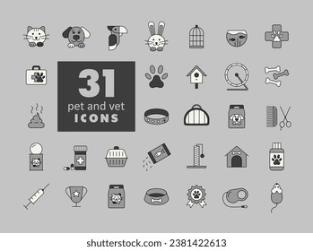 Pet and vet vector isolated grayscale icon set. Graph symbol for pet and veterinary web site and apps design, logo, app, UI