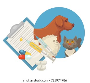 Pet vet veterinary doctor animal clinic dog, cat pills vector flat icon