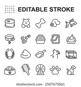 Pet and veterinarian collection thin line icons. Contains icons such as dogs, aquariums, ornamental fish, pet food and many more.