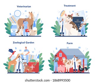 Pet Veterinarian Concept Set. Veterinary Doctor Checking And Treating Animal. Idea Of Pet Care. Farm And Zoological Garden Animal Medical Treatment. Vector Flat Illustration