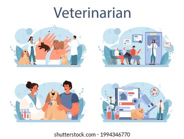 Pet veterinarian concept set. Veterinary doctor checking and treating animal. Idea of pet care, animal medical vaccination, diagnosis. Vector flat illustration