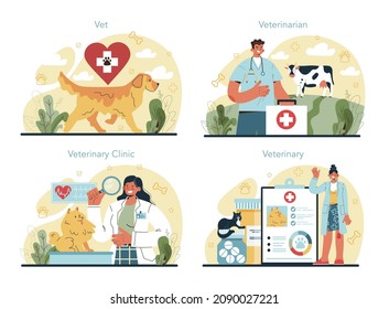 Pet veterinarian concept set. Veterinary doctor checking and treating animal. Idea of pet care, animal medical vaccination, diagnosis. Vector flat illustration