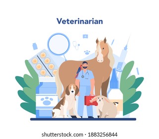 Pet veterinarian concept. Veterinary doctor checking and treating animal. Idea of pet care. Farm and zoological garden animal medical treatment. Vector flat illustration