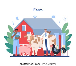 Pet veterinarian concept. Veterinary doctor checking and treating animal. Idea of pet care. Farm and zoological garden animal medical treatment. Vector flat illustration