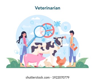 Pet veterinarian concept. Veterinary doctor checking and treating animal. Idea of pet care, animal medical vaccination, microchipping. Vector flat illustration