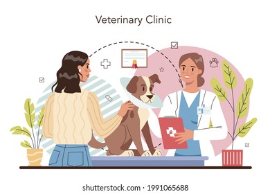 Pet veterinarian concept. Veterinary doctor checking and treating animal. Idea of pet care. Animal medical treatment and vaccination. Vector flat illustration