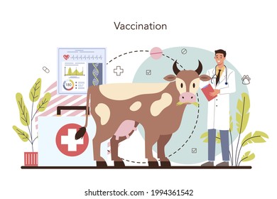 Pet veterinarian concept. Veterinary doctor checking and treating animal. Idea of pet care. Animal medical treatment and vaccination. Vector flat illustration