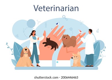 Pet veterinarian concept. Veterinary doctor checking and treating animal. Idea of pet care, animal medical vaccination, diagnosis. Vector flat illustration