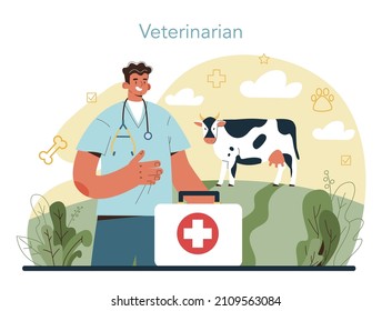 Pet veterinarian concept. Veterinary doctor checking and treating animal. Idea of pet care, animal medical vaccination, diagnosis. Vector flat illustration