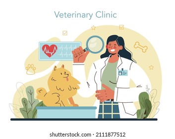 Pet veterinarian concept. Veterinary doctor checking and treating animal. Idea of pet care, animal medical vaccination, diagnosis. Vector flat illustration