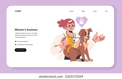 Pet veterinarian with a dog web banner or landing page. Female veterinary doctor checking and treating a puppy. Idea of pet care, animal medical vaccination, diagnosis. Vector flat illustration