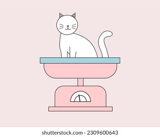 Pet veterinarian icon element. Veterinary doctor treating animal. Cat on weight scale. Idea of pet care. Animal medical treatment. Vet and pet vector flat illustration.