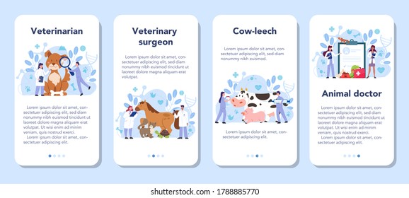 Pet veterinarian mobile application banner set. Veterinary doctor checking animal. Idea of pet care. Medical treatment and healthcare. Vector flat illustration