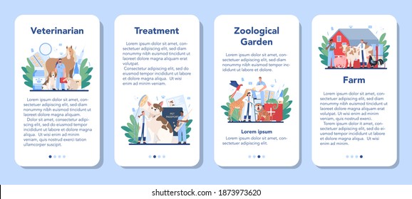 Pet veterinarian mobile application banner set. Veterinary doctor checking and treating animal. Idea of pet care. Farm and zoological garden animal medical treatment. Vector flat illustration