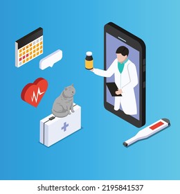 Pet veterinarian online consultation isometric 3d vector illustration concept for banner, website, illustration, landing page, flyer, etc.