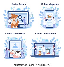 Pet veterinarian online service or platform set. Veterinary doctor checking animal. Medical treatment and healthcare. Online forum, magazine, conference, consultation. Vector flat illustration