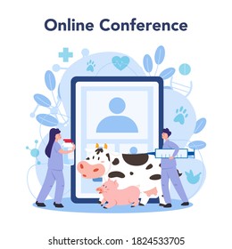 Pet veterinarian online service or platform. Veterinary doctor checking animal. Medical treatment and healthcare. Online conference. Vector flat illustration