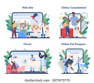 Pet veterinarian online service or platform set. Veterinary doctor checking and treating animal. Idea of pet medical care. Online consultation, forum, pet passport, website. Vector flat illustration