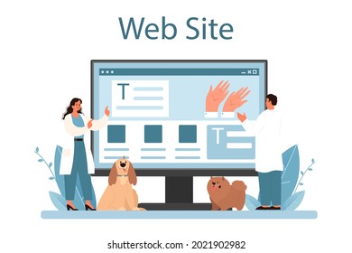 Pet veterinarian online service or platform. Veterinary doctor checking and treating animal. Idea of pet care. Website. Vector flat illustration