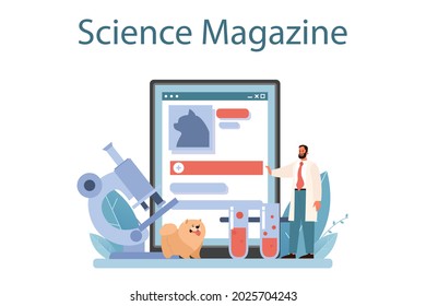 Pet veterinarian online service or platform. Veterinary doctor checking and treating animal. Idea of pet care. Online science magazine. Vector flat illustration