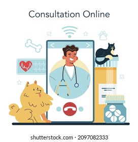 Pet veterinarian online service or platform. Veterinary doctor checking and treating animal. Pet care, animal medical diagnosis. Online consultation. Vector illustration