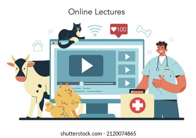 Pet veterinarian online service or platform. Veterinary doctor checking and treating animal. Pet care, animal medical diagnosis. Online lecture. Vector illustration